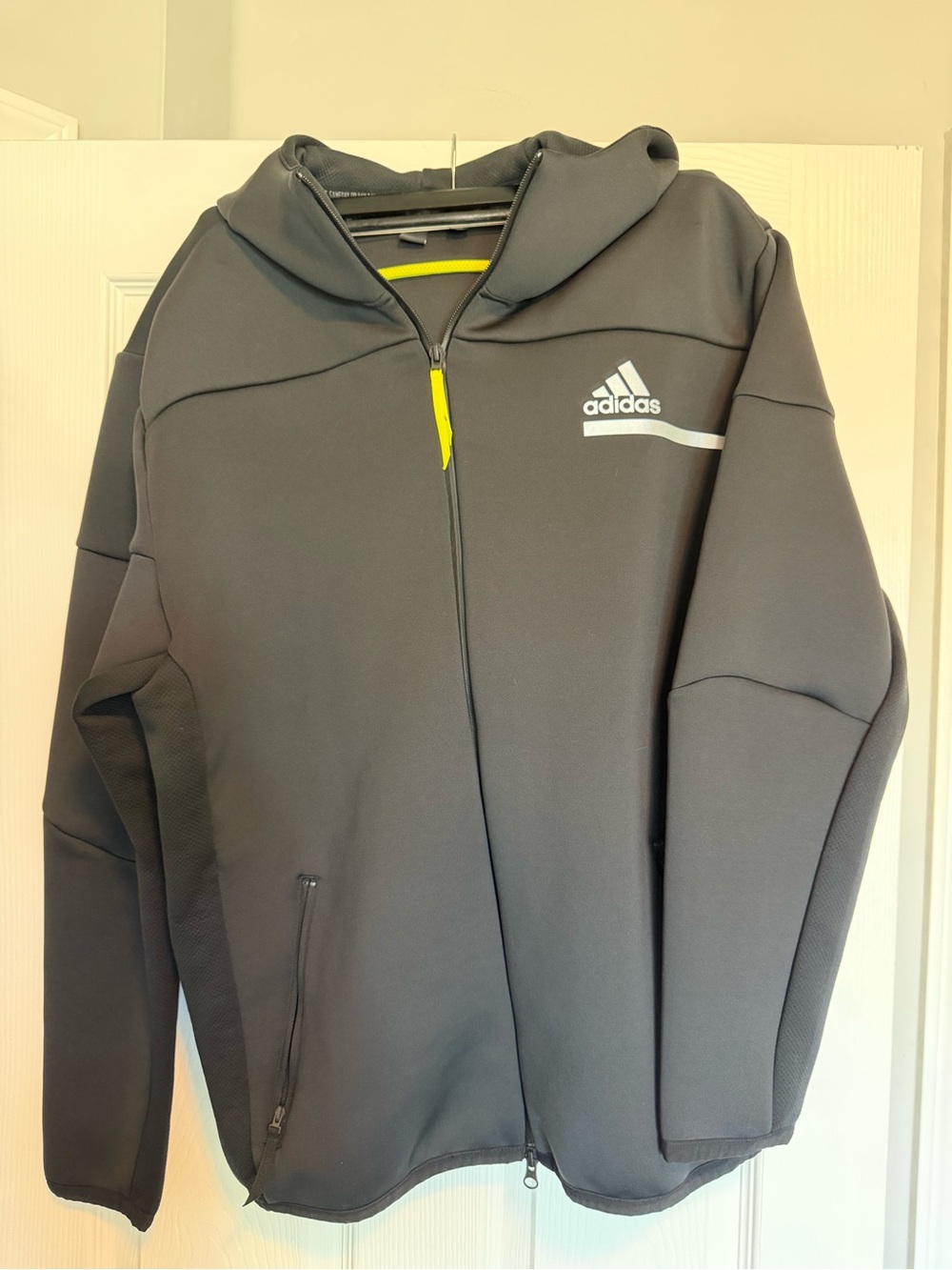 adidas Men’s Gray Hooded Performance Jacket with Yellow Zipper Accent